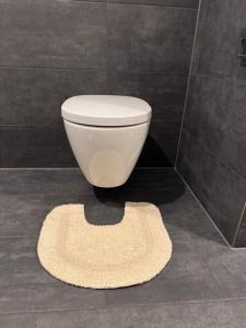 a white toilet in a bathroom with a rug at ESER - Haus am Vogesenblick in Bad Bellingen