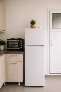 a white refrigerator in a kitchen with a microwave at Minimal Panorama Loutraki in Loutraki