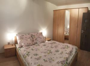 1 dormitorio con 1 cama y armario de madera en Apartman Anro en Kanianka