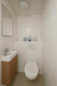 a white bathroom with a toilet and a sink at ESER Hotel Pension in Beuggen