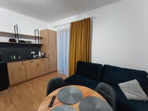 a living room with a blue couch and a table at Strumykowa 3 in Swornegacie