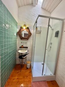 a shower in a bathroom with a table and a sink at Casa Alma Clara in Odemira +22 photos