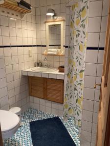 ein Badezimmer mit Waschbecken, Toilette und Spiegel in der Unterkunft Mühlenwohnung in Boppard