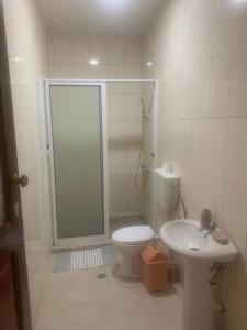 a bathroom with a shower and a toilet and a sink at Beautiful 2-bedroom apartment in Assomada