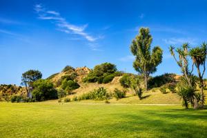 a grassy field with trees and a mountain in the background at Vila Foz Club - Algarve in Alvor