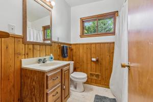 a bathroom with a sink and a toilet and a mirror at Cabin #5 3BR 2BA Timberlane Resort in Park Rapids