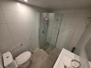 a bathroom with a shower and a toilet and a sink at Lev Eilat Suites in Eilat +44 photos