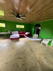 a room with a hammock and a green wall at Casa Aloe in Pavones