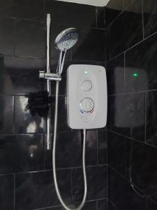 a shower with a shower head on a wall at Shephall Zoo in Shephall