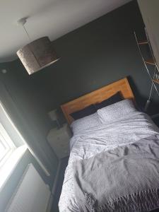 a bedroom with a bed with a black wall at Shephall Zoo in Shephall