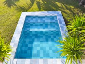 an overhead view of a blue swimming pool with palm trees at The Clifftop Home Deluxe in Esperanza +21 photos