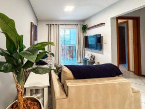 a living room with a couch and a potted plant at Centro, apê 2 Quartos com Ar | Garagem in Brusque