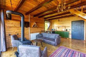 a living room with a couch and a stove at Via Bungalows Batumi in Batumi