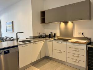 a kitchen with white cabinets and stainless steel appliances at Eastern Blue Beachfront Apartment in Poste Lafayette