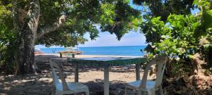 a table and chairs on a beach with the ocean at Mananambal Beach Huts - Family hut in Nagbalaye