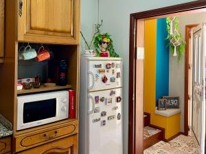a kitchen with a refrigerator and a microwave at Casa Palma Hostel in Barcelos
