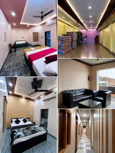 a collage of four pictures of a hotel room at Awadh kunj palace in Ayodhya