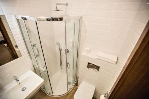 a bathroom with a shower and a toilet and a sink at Hotel i Restauracja Pod Szyszkami in Krotoszyn +89 photos