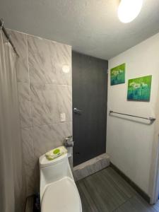 a bathroom with a white toilet and a door at Mexican House in Mexico City +41 photos