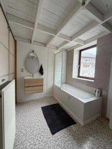 a bathroom with a bath tub and a mirror at Le Studio Central in Huy