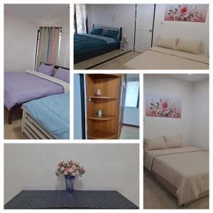 a collage of four pictures of a bedroom with two beds at Pani House Hatyai 6 in Hat Yai