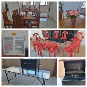 a collage of photos with red chairs and a table and a dining room at Pani House Hatyai 6 in Hat Yai +15 photos