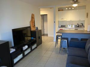 a living room with a couch and a tv and a kitchen at Mountain Edge 1020 our Holiday Home in Kimberley