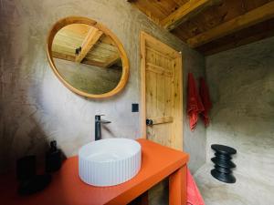 a bathroom with a white sink and a mirror at The A Lodge in Grand Sable