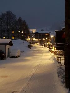 eine schneebedeckte Straße in der Nacht mit parkenden Autos in der Unterkunft Casa Alva in Flims