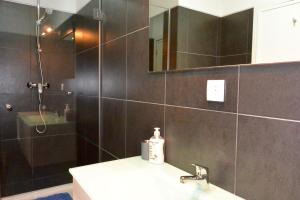 uma casa de banho com um chuveiro, um lavatório e um espelho. em Júlio Dinis Flat, by Flat in Porto no Porto
