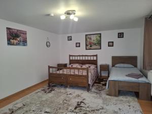 a bedroom with two twin beds and a rug at Casa de vacanta Sabrina in Gura Humorului