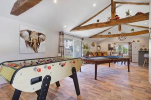 a living room with two pool tables and an elephant on the wall at Aux Charmes D'antan - Chambre in Sevremont