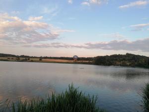 un grande lago con una mongolfiera in lontananza di Ferienwohnung Eifelglück a Utzerath