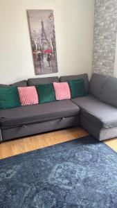 a living room with a gray couch with pink and green pillows at 2Bedroom City Centre Cozy Flat in Cambridge