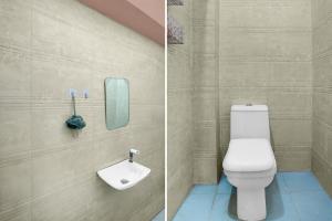 two pictures of a bathroom with a toilet and a mirror at Hotel O Singar Nagar Metro Station Lucknow Formerly Highway Inn in Alambagh