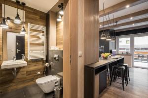 La salle de bains est pourvue d'un lavabo, de toilettes et d'un comptoir. dans l'établissement Apartamenty Krzeptowskiego 2 Zakopane, à Zakopane 112 autres photos