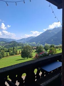 a view of a field and mountains from a balcony at Knollgut Ferienwohnung Buchberg in Goldegg
