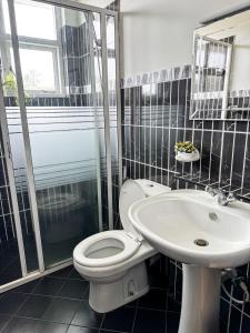 a bathroom with a toilet and a sink at Villa Sarakkuwa in Pamunugama +49 photos