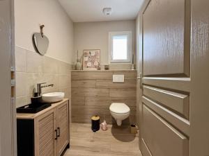 a bathroom with a toilet and a sink and a mirror at Eyhegaya in Ordiarp +48 photos