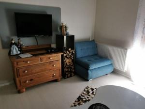 a living room with a tv and a blue chair at Ferienwohnungen Elisabeth Told in Fügen