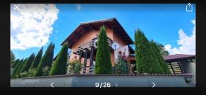 a house with a bunch of trees in front of it at cosy forest chalet in Râşnov