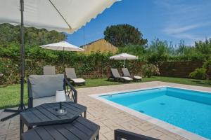 a backyard with a swimming pool and chairs and an umbrella at Villa Astron in Agios Georgios
