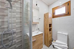 a bathroom with a shower and a toilet and a sink at Villa Astron in Agios Georgios +17 photos