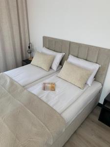 a bed with a box on top of it at Albian Apartamenty in Jantar