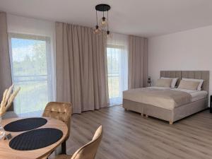 a bedroom with a bed and a table and chairs at Albian Apartamenty in Jantar