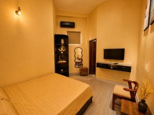 a bedroom with a bed and a television and a chair at Spring Home 2 in Can Tho