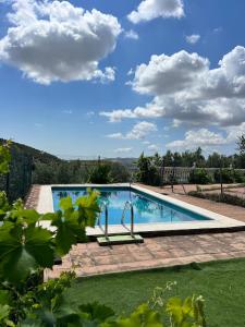 a swimming pool in a garden with a sky background at Casa Manila in Colmenar