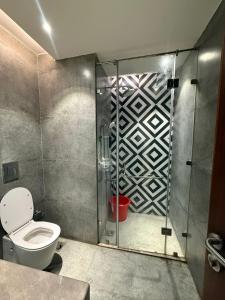 a bathroom with a toilet and a glass shower at THE MOONLIGHT STUDIo in Ghaziabad +2 photos