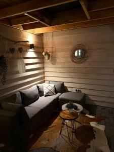 a living room with a couch and a table at Chalet Natuurrijk in Oisterwijk