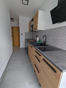 a kitchen with wooden cabinets and a sink at Apartamenty DK8 in Szalejów Górny +3 photos